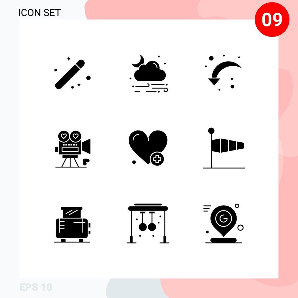 conjunto de glifos sólidos de interfaz móvil de 9 pictogramas de película de clima de cámara de video de San Valentín elementos de diseño de vector editables hacia abajo a la izquierda