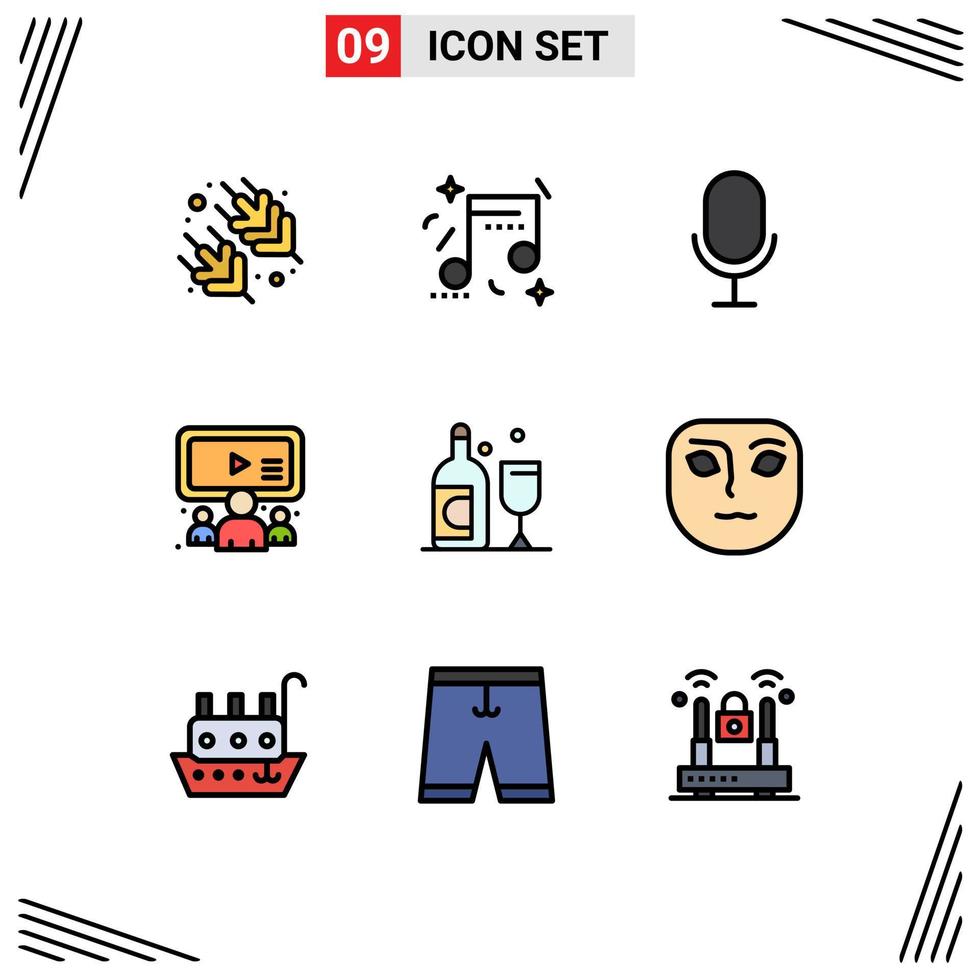 9 User Interface Filledline Flat Color Pack of modern Signs and Symbols of emotion glass microphone bottle team Editable Vector Design Elements