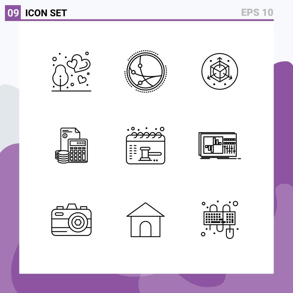 Set of 9 Vector Outlines on Grid for calculator debt network business investment Editable Vector Design Elements