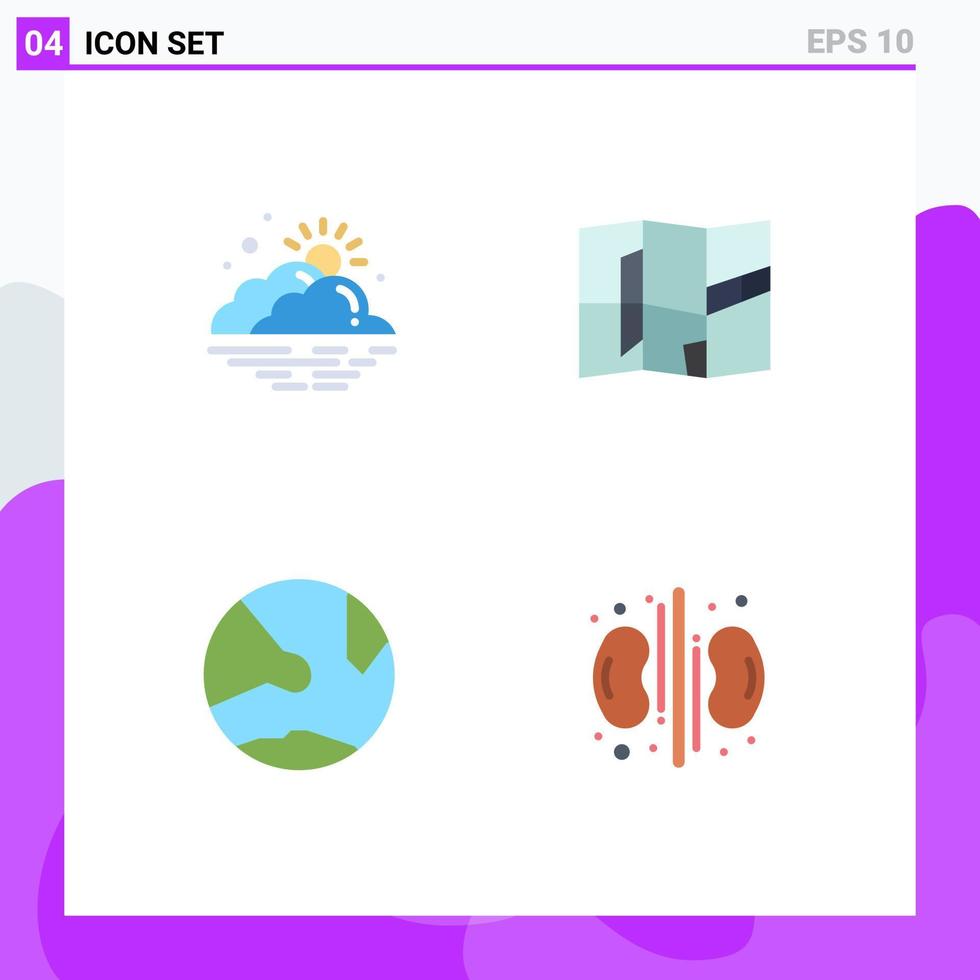Mobile Interface Flat Icon Set of 4 Pictograms of cloud develop sun map online Editable Vector Design Elements