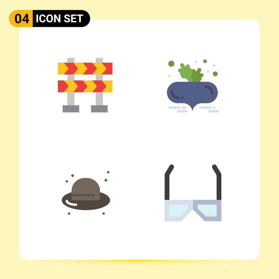 Group of 4 Flat Icons Signs and Symbols for barricade hat beet with leaves healthy diet entertainment Editable Vector Design Elements
