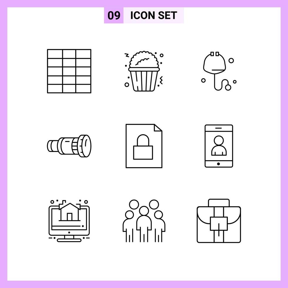 9 Icons in Line Style Outline Symbols on White Background Creative Vector Signs for Web mobile and Print Creative Black Icon vector background