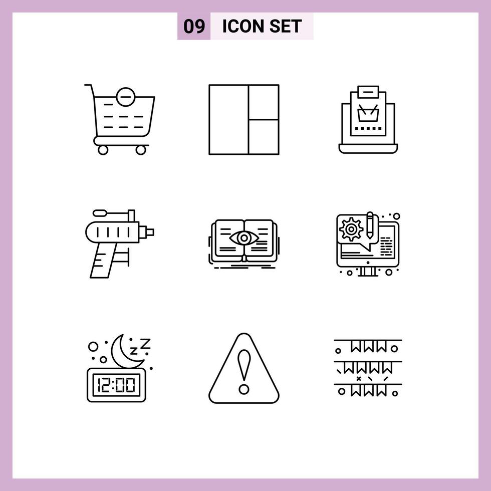 9 User Interface Outline Pack of modern Signs and Symbols of view book shop knowledge tool Editable Vector Design Elements