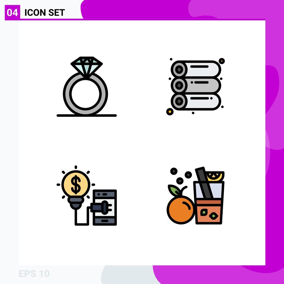 4 Thematic Vector Filledline Flat Colors and Editable Symbols of diamond technology machine creative fruit Editable Vector Design Elements