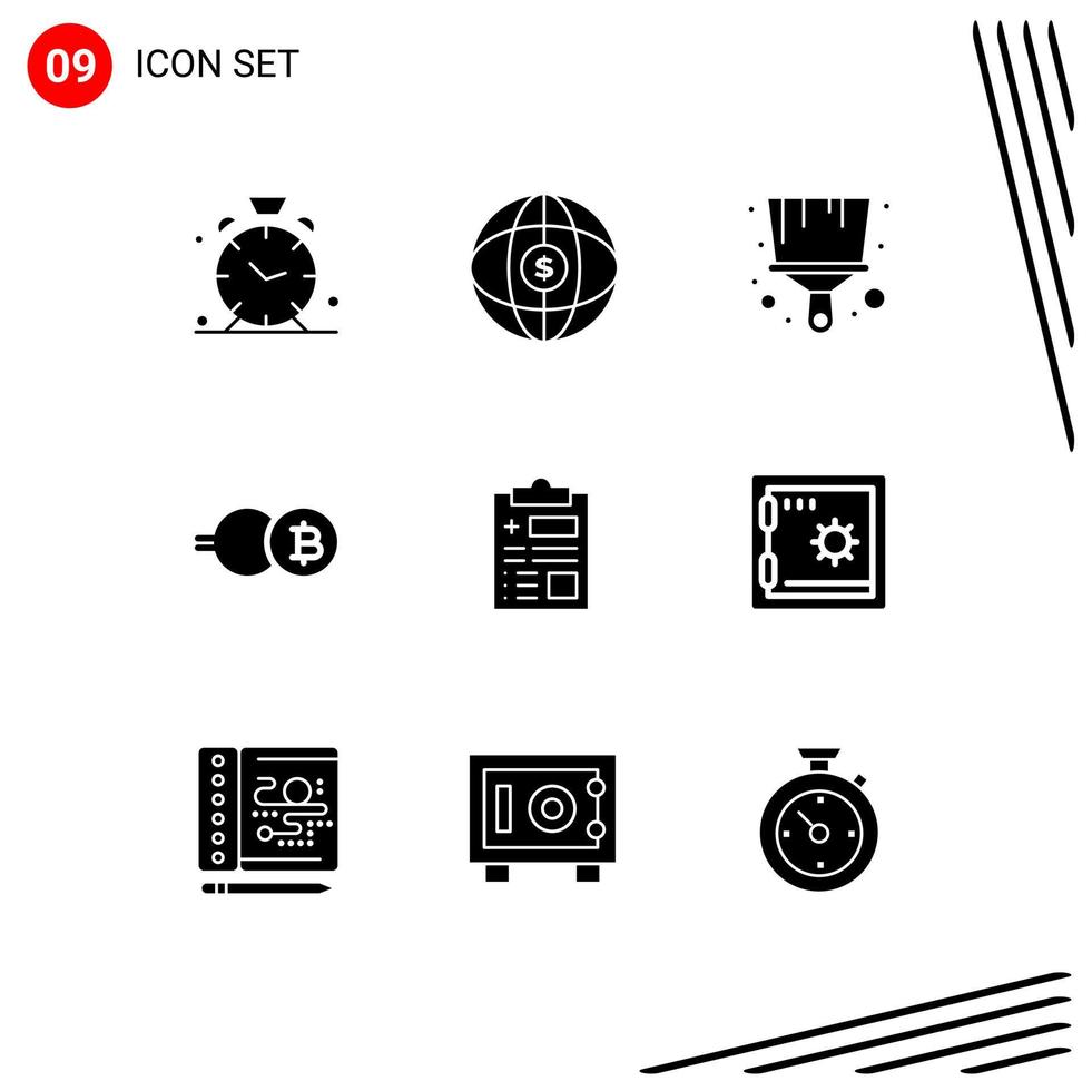 Set of 9 Modern UI Icons Symbols Signs for health report brush crypto currency coin Editable Vector Design Elements