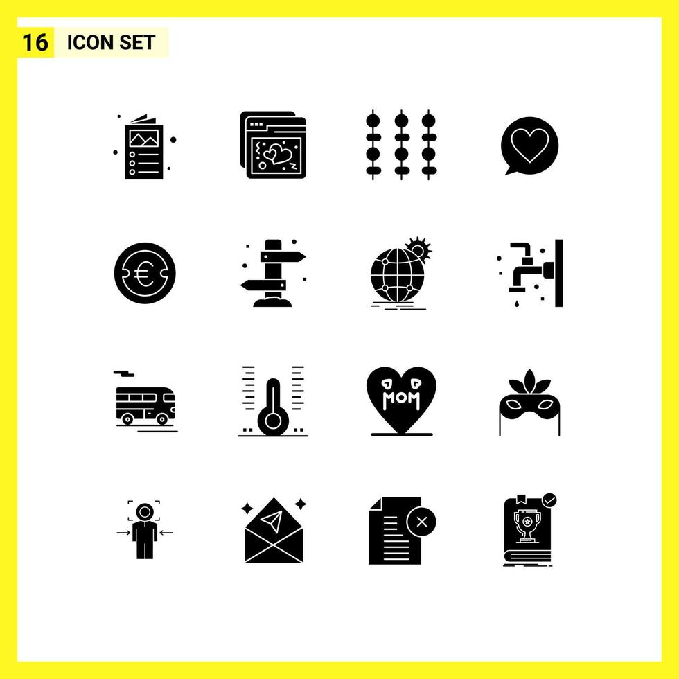 16 Thematic Vector Solid Glyphs and Editable Symbols of finance coin grill heart chat Editable Vector Design Elements