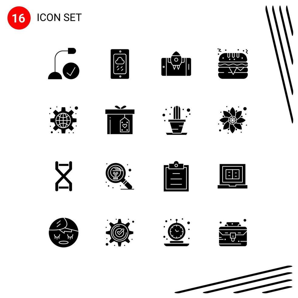 Set of 16 Modern UI Icons Symbols Signs for global burger rainy food start Editable Vector Design Elements