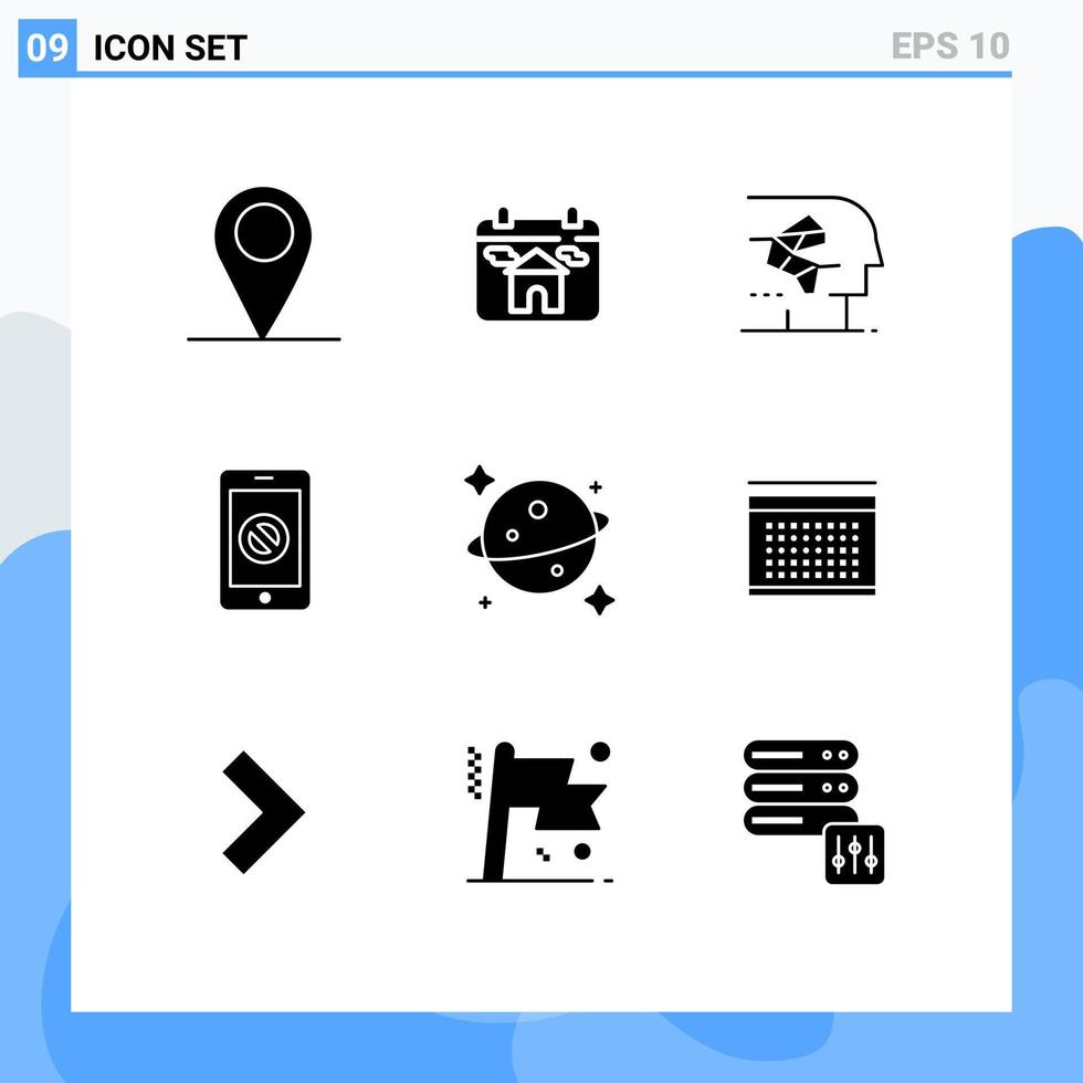 paquete de glifos sólidos de 9 símbolos universales del planeta sin elementos de diseño de vectores editables móviles para teléfonos artificiales