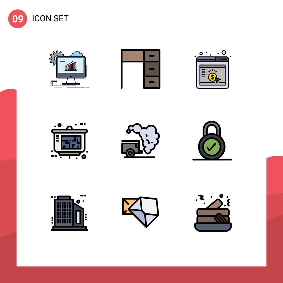 Set of 9 Commercial Filledline Flat Colors pack for real estate presentation office architect browser Editable Vector Design Elements