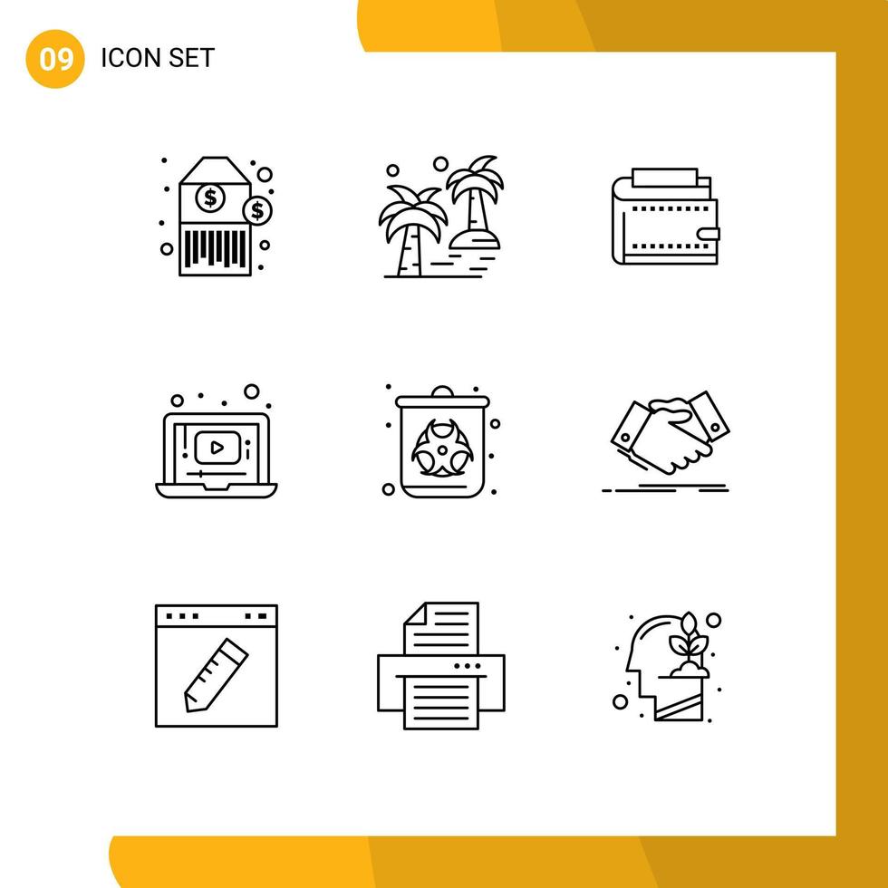 User Interface Pack of 9 Basic Outlines of music video wallet laptop personal Editable Vector Design Elements