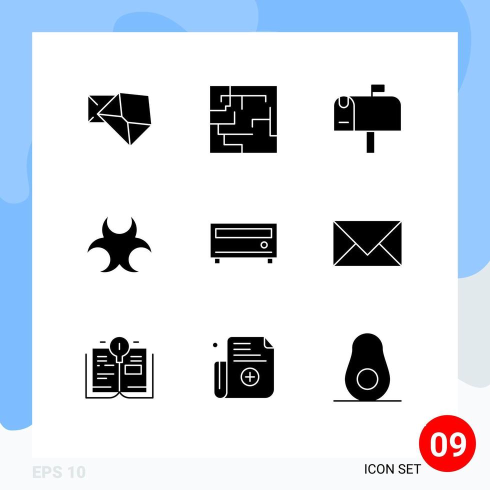 Mobile Interface Solid Glyph Set of 9 Pictograms of communication media post amplifier sign Editable Vector Design Elements