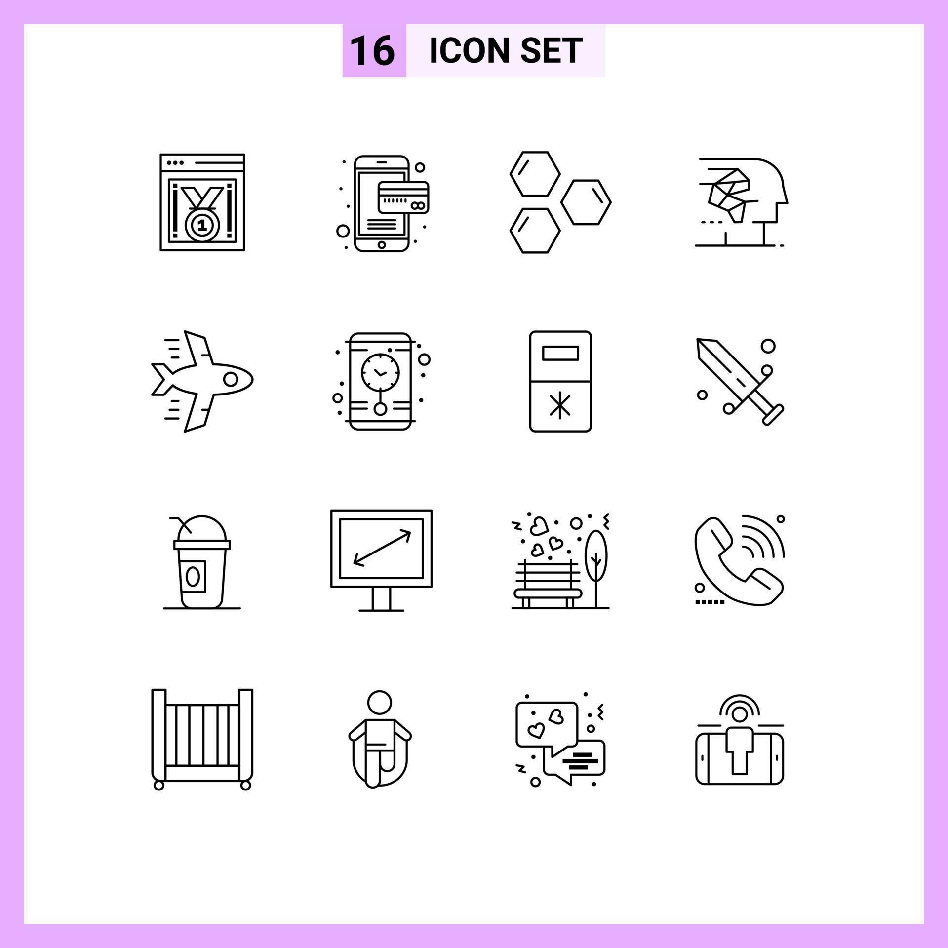 Group of 16 modern outlines set for airplane human hexagon brain