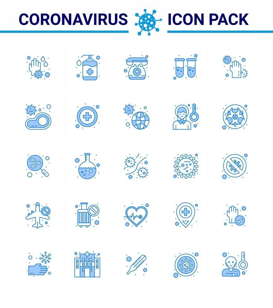 25 Coronavirus Emergency Iconset Blue Design such as covid test tube wash blood test emergency viral coronavirus 2019nov disease Vector Design Elements