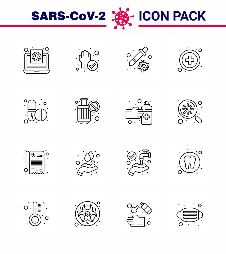 Coronavirus Prevention Set Icons 16 Line icon such as pills medical sign cleaned medical virus viral coronavirus 2019nov disease Vector Design Elements