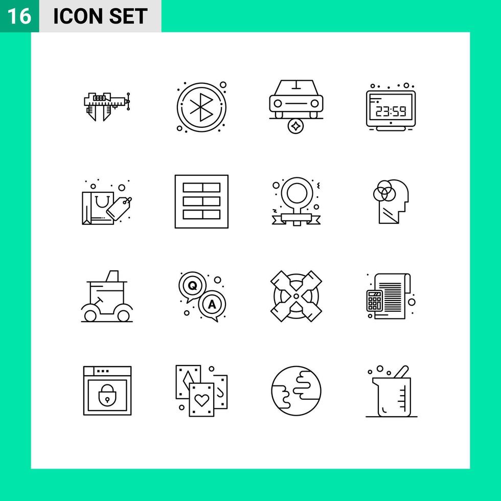 Stock Vector Icon Pack of 16 Line Signs and Symbols for bag computer time car computer clock clock Editable Vector Design Elements