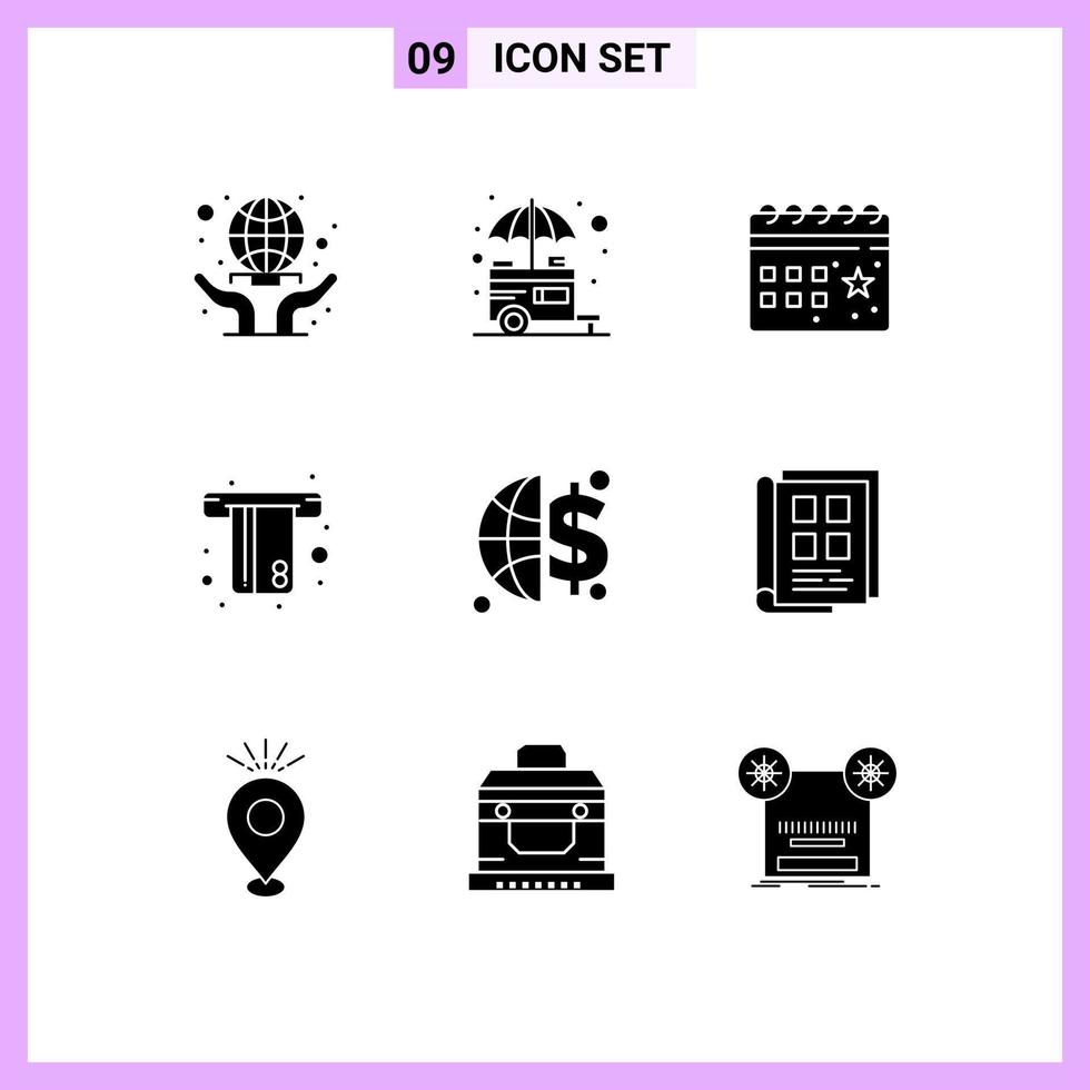 Modern Set of 9 Solid Glyphs and symbols such as credit card shop atm night Editable Vector Design Elements