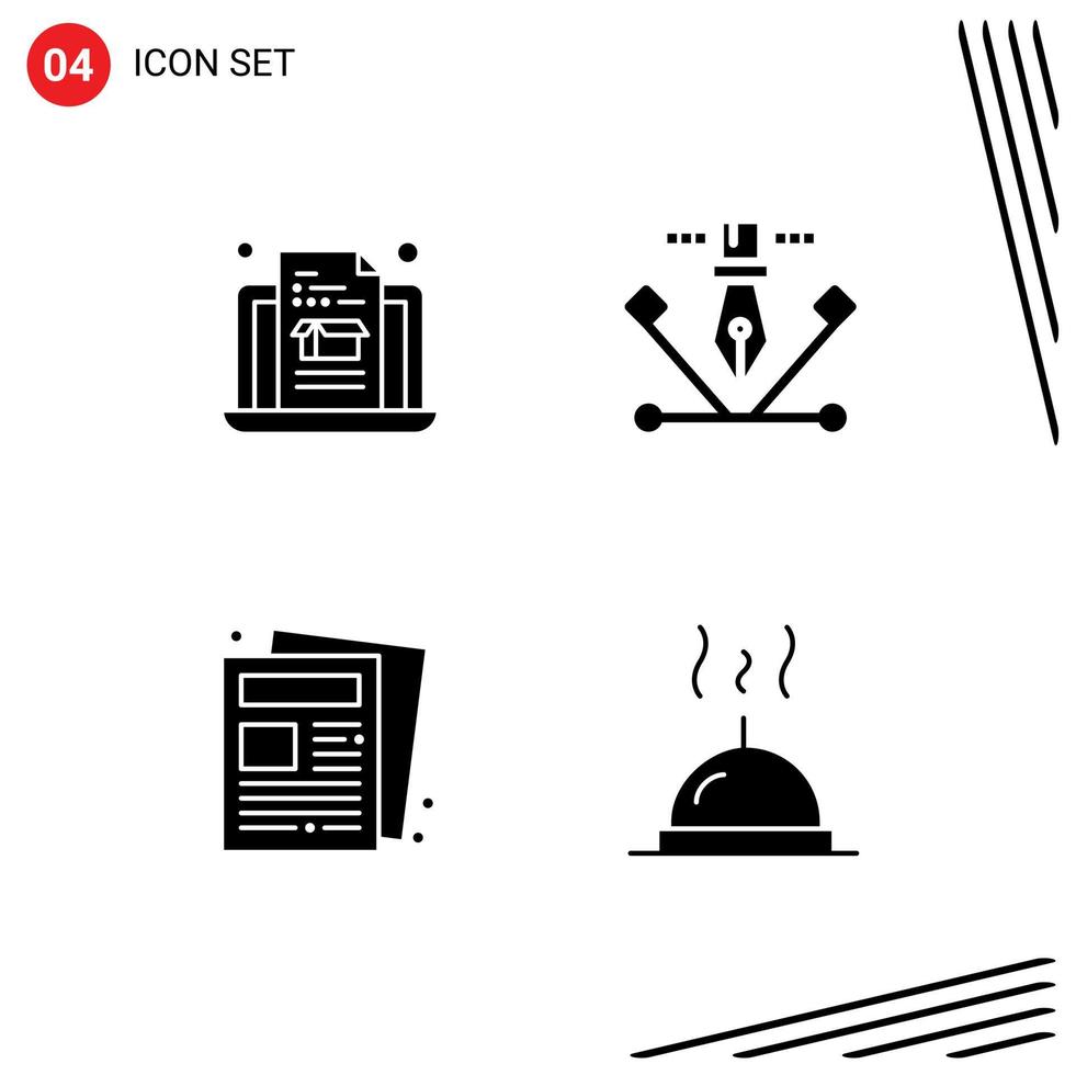 4 Thematic Vector Solid Glyphs and Editable Symbols of laptop paper artwork pen tool dish Editable Vector Design Elements