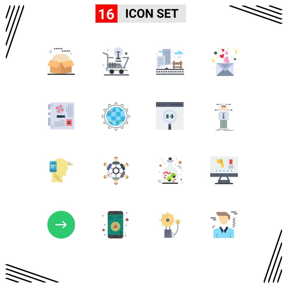 Mobile Interface Flat Color Set of 16 Pictograms of mail heart idea day building Editable Pack of Creative Vector Design Elements