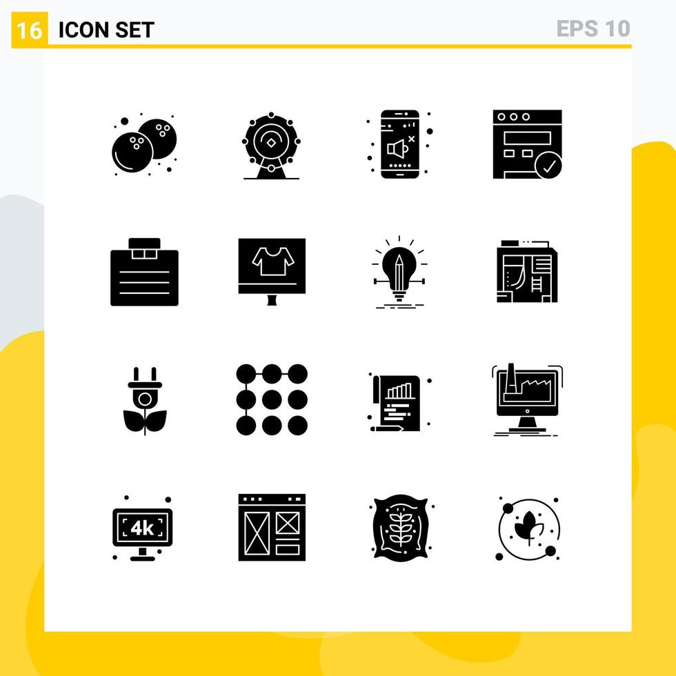 Group of 16 Solid Glyphs Signs and Symbols for suitcase business sound briefcase seo Editable Vector Design Elements