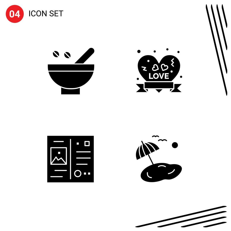 Solid Glyph Pack of 4 Universal Symbols of cosmetic herbs ribbon badge natural heart badge postcard Editable Vector Design Elements