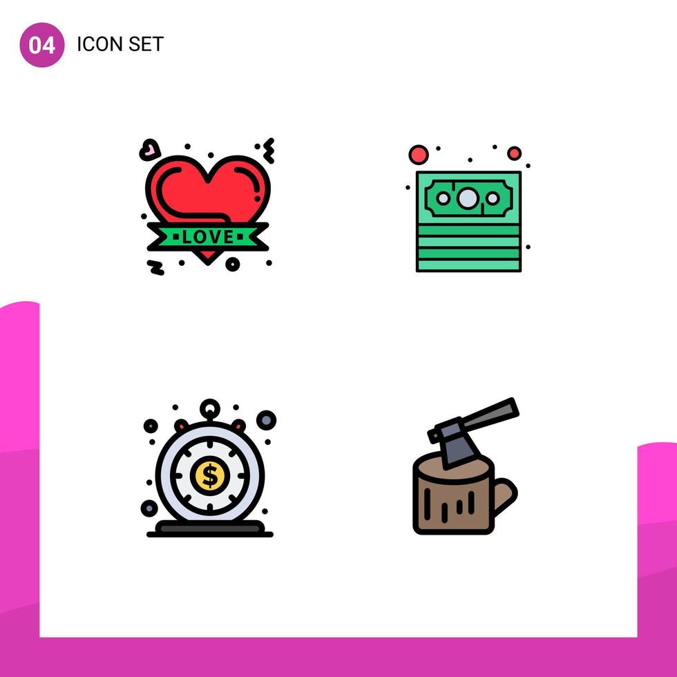 Pack of 4 creative Filledline Flat Colors of badge loan romantic heart payment quick Editable Vector Design Elements