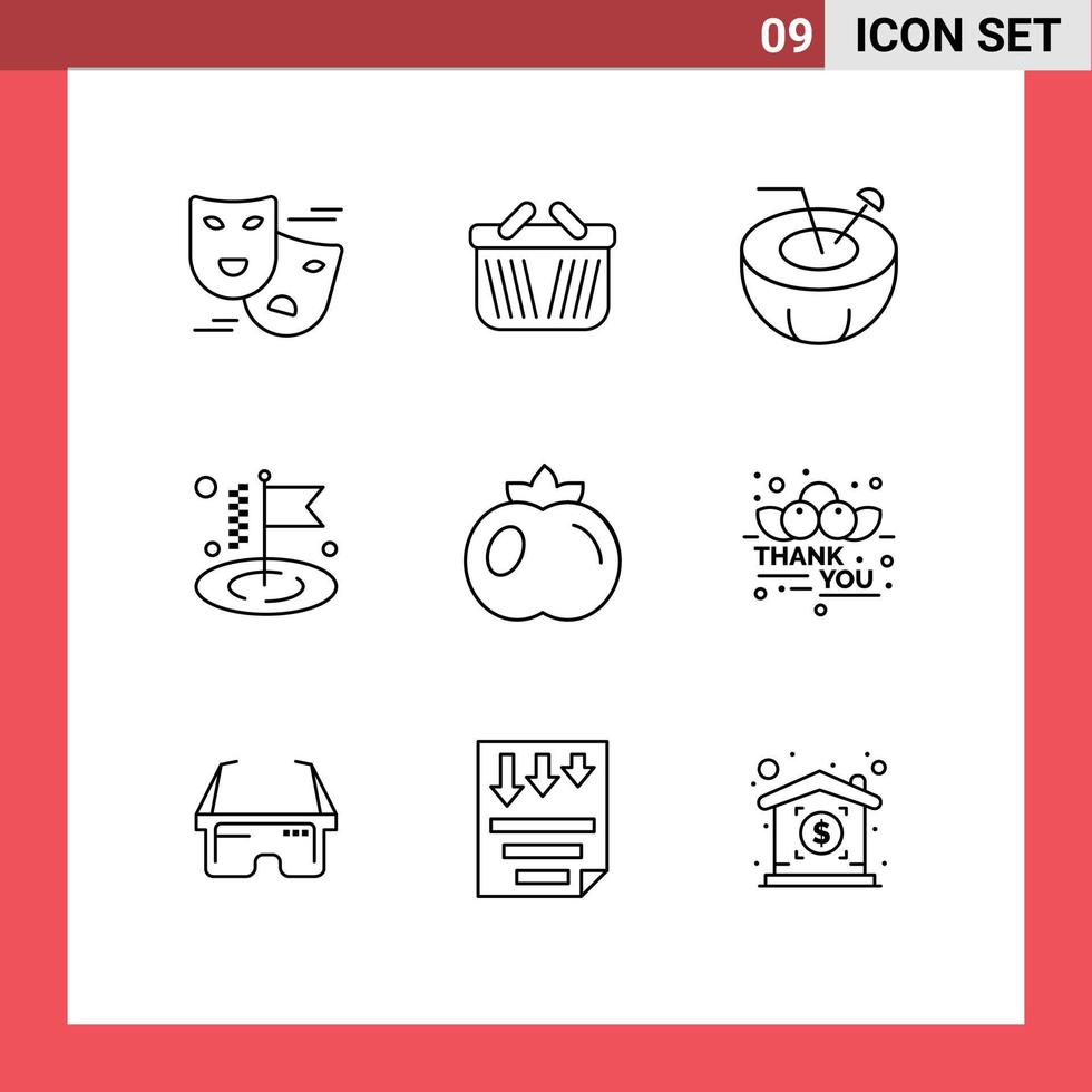 Mobile Interface Outline Set of 9 Pictograms of fruit food coconut goal business Editable Vector Design Elements