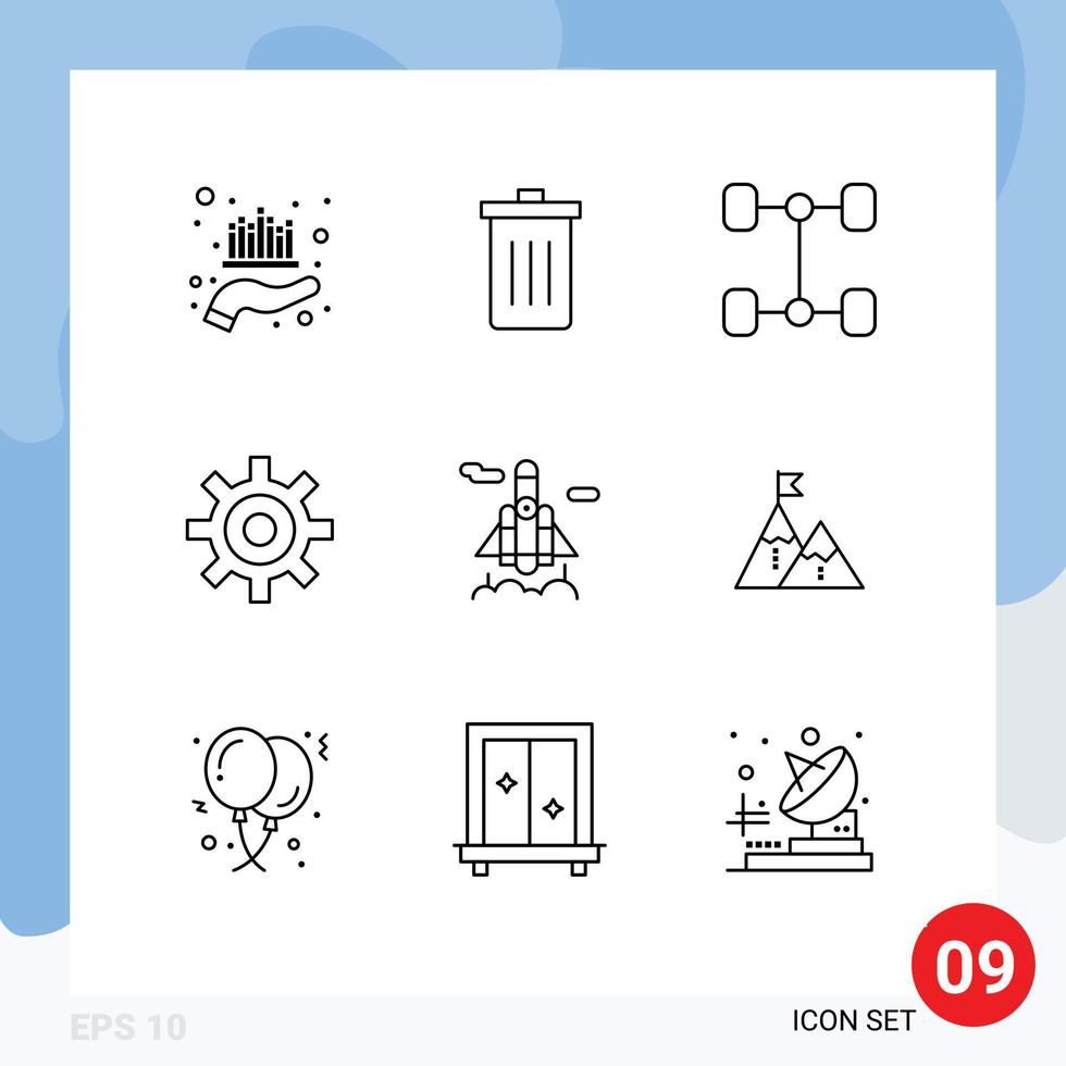 Set of 9 Commercial Outlines pack for space user garbage setting gear Editable Vector Design Elements