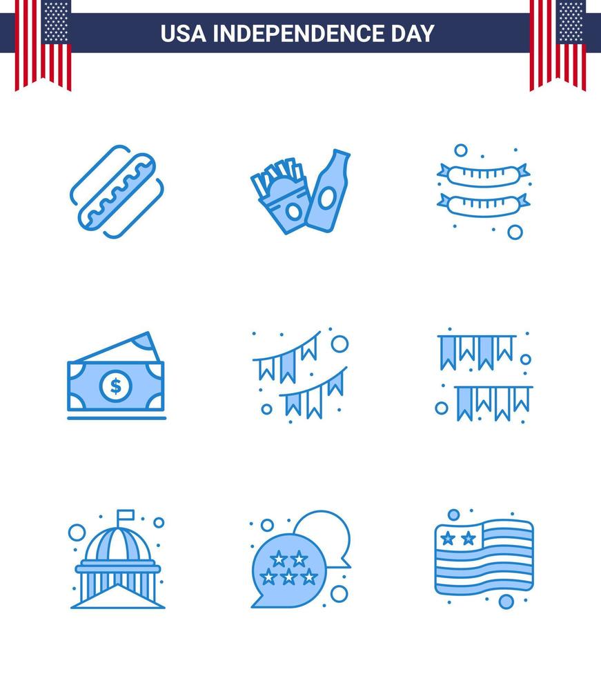 Set of 9 Vector Blues on 4th July USA Independence Day such as party buntings frankfurter american amearican Editable USA Day Vector Design Elements