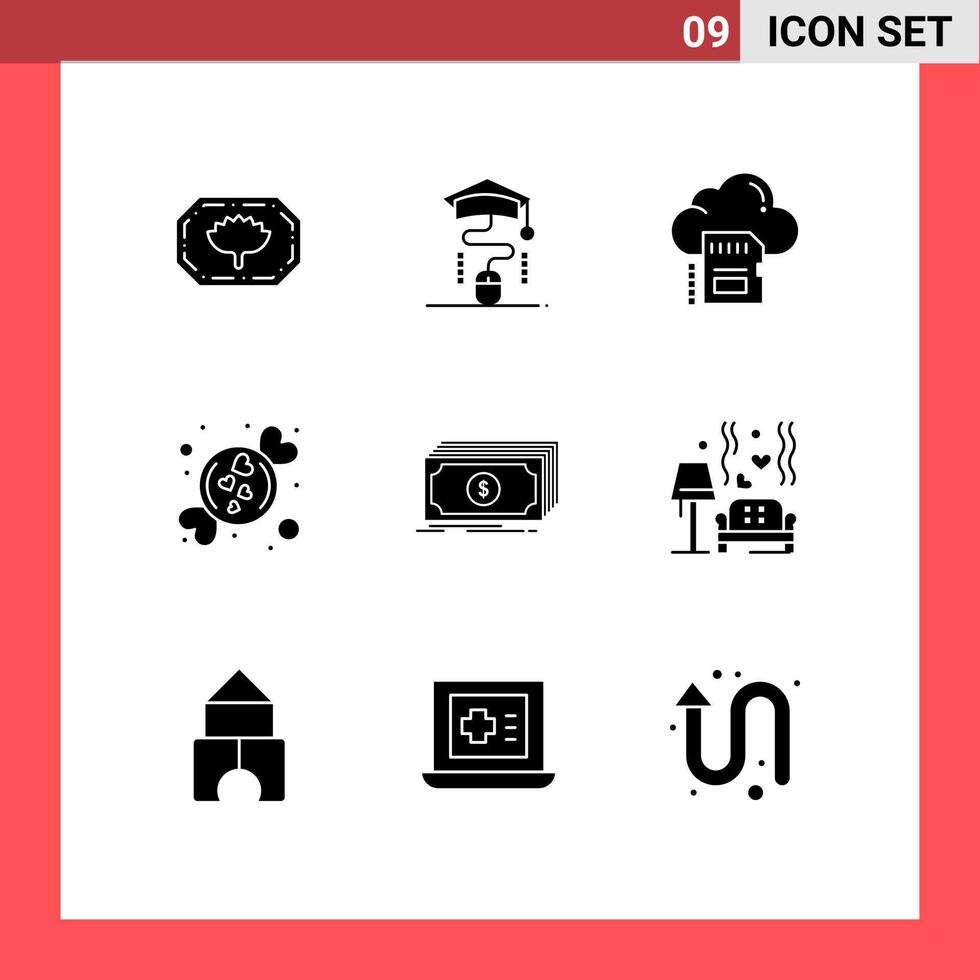 Group of 9 Modern Solid Glyphs Set for dollar sweet card romantic candy Editable Vector Design Elements