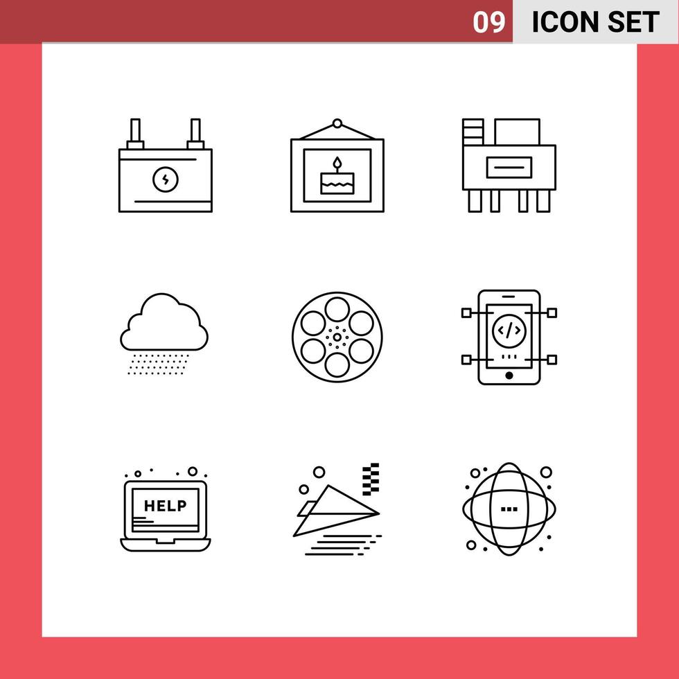 Modern Set of 9 Outlines and symbols such as reel film desk spring cloud Editable Vector Design Elements