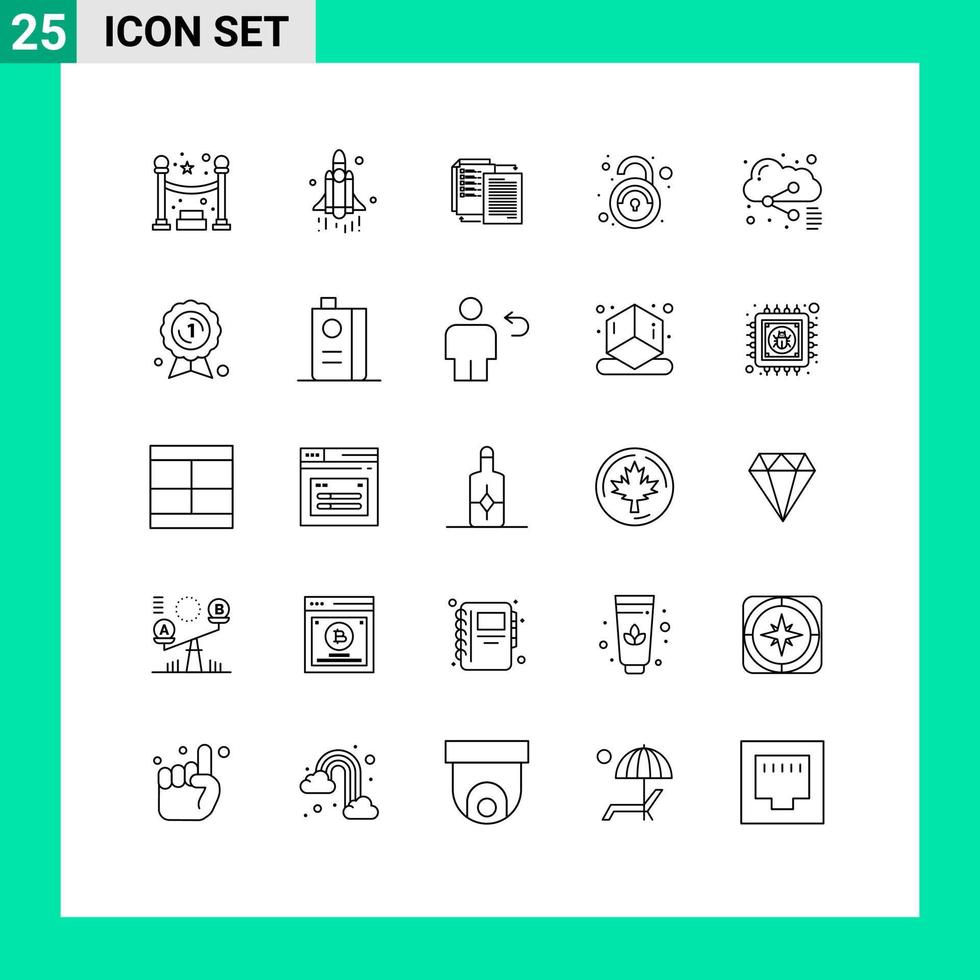 Mobile Interface Line Set of 25 Pictograms of file unsecured share unsafe public Editable Vector Design Elements