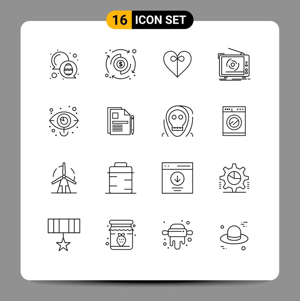 Mobile Interface Outline Set of 16 Pictograms of eye set heart television ad Editable Vector Design Elements