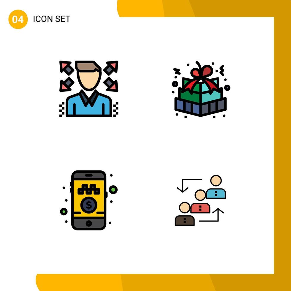 Mobile Interface Filledline Flat Color Set of 4 Pictograms of businessman pay cash christmas gift gift box ride Editable Vector Design Elements