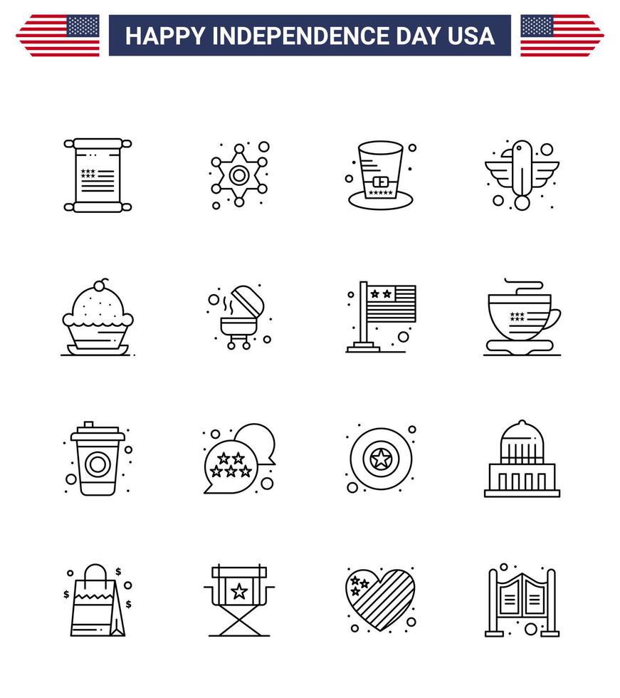 Big Pack of 16 USA Happy Independence Day USA Vector Lines and Editable Symbols of cake eagle day bird american Editable USA Day Vector Design Elements