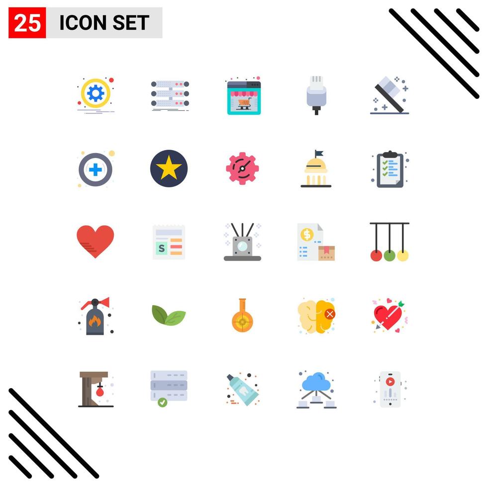 Pack of 25 Modern Flat Colors Signs and Symbols for Web Print Media such as lightning charge database cable web Editable Vector Design Elements