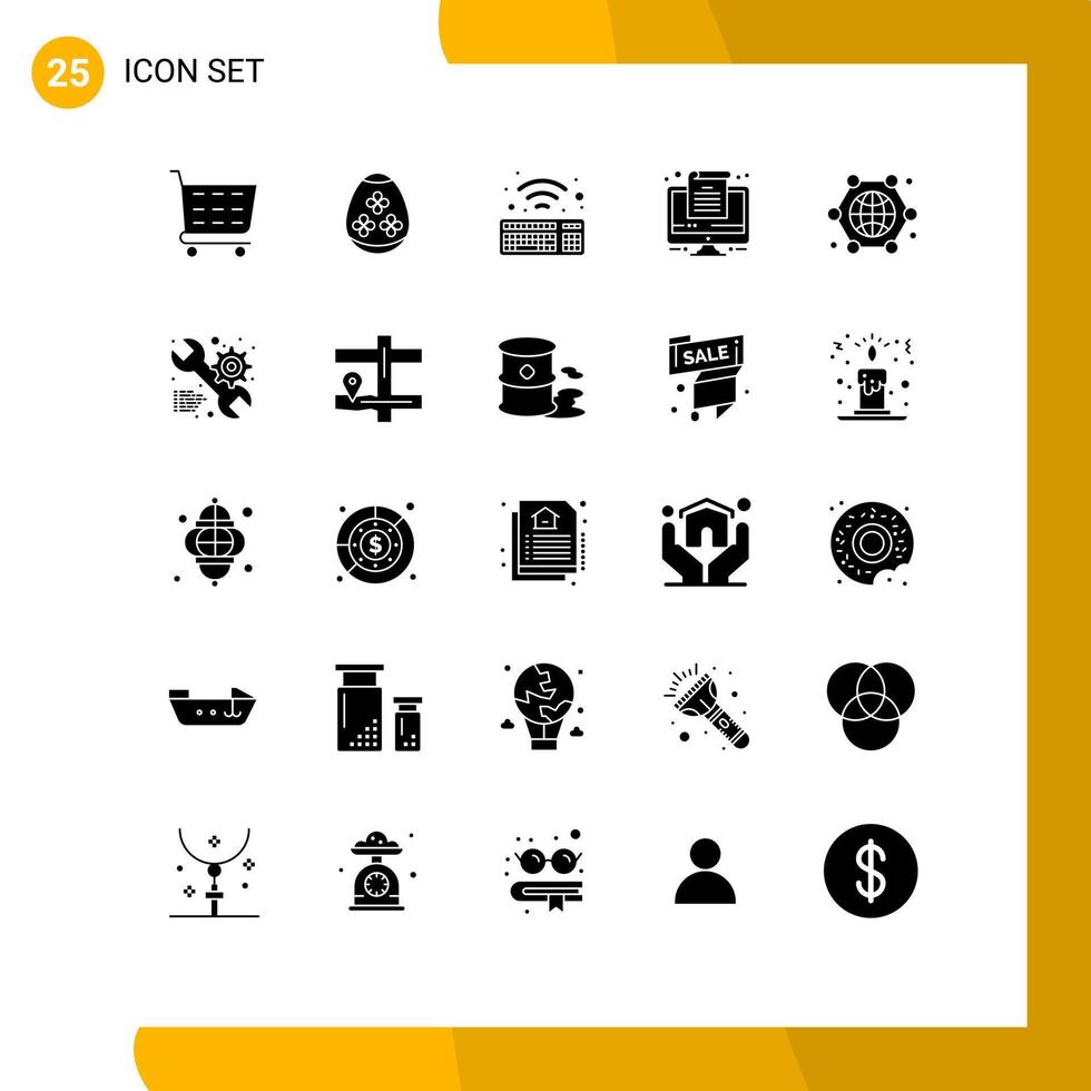 Set of 25 Commercial Solid Glyphs pack for internet of things globe wifi connection office Editable Vector Design Elements