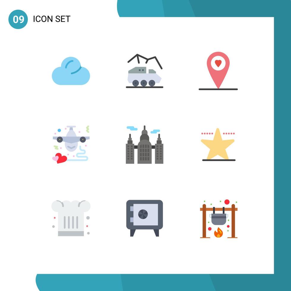 Flat Color Pack of 9 Universal Symbols of house building location love fly Editable Vector Design Elements