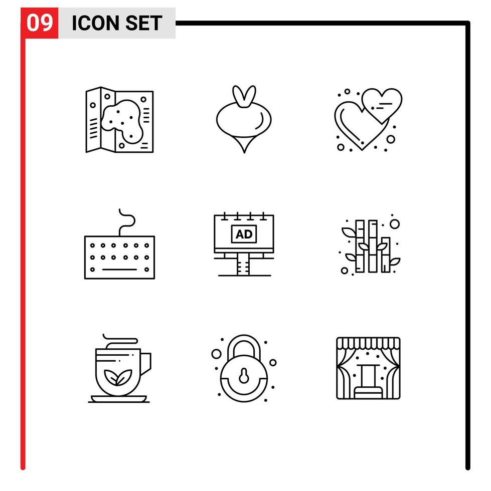 User Interface Pack of 9 Basic Outlines of board type affection keyboard love hearts Editable Vector Design Elements