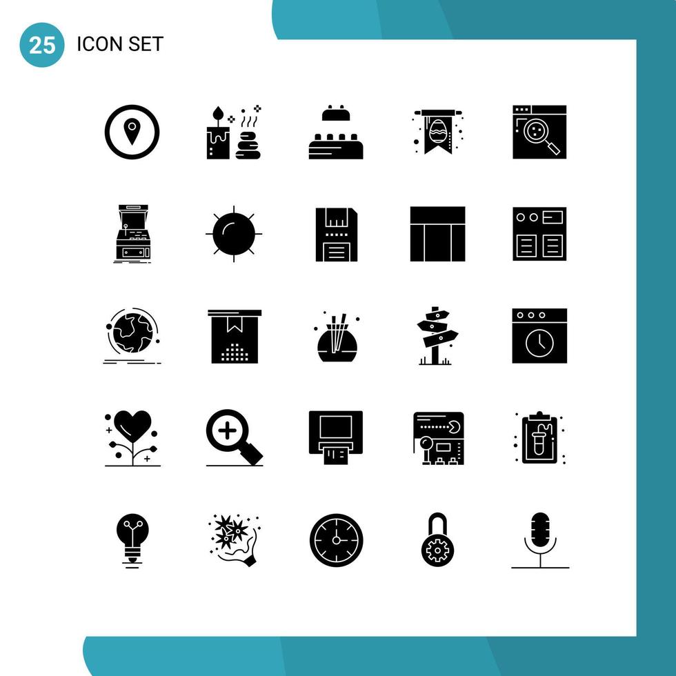 Pictogram Set of 25 Simple Solid Glyphs of arcade search constructor internet egg Editable Vector Design Elements