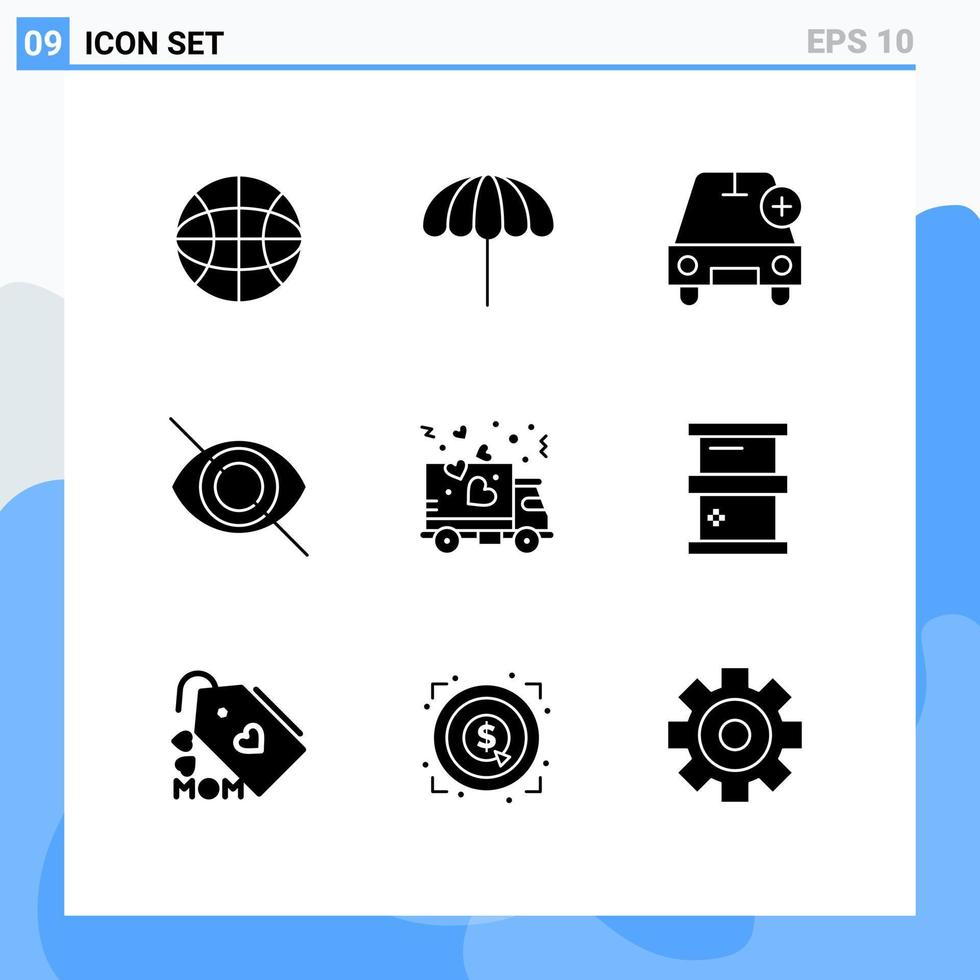 Pack of 9 Modern Solid Glyphs Signs and Symbols for Web Print Media such as transport delivery car hide disable Editable Vector Design Elements