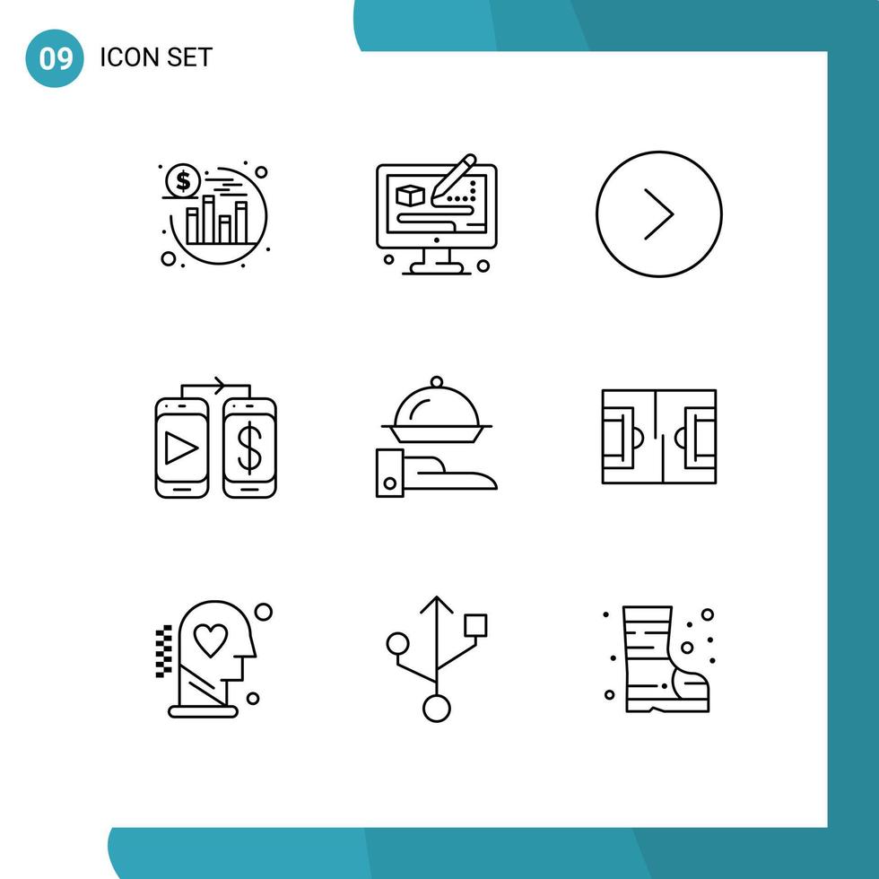 conjunto de esquema de interfaz móvil de 9 pictogramas de elementos de diseño vectorial editables de dinero de línea circular de restaurante de fútbol vector