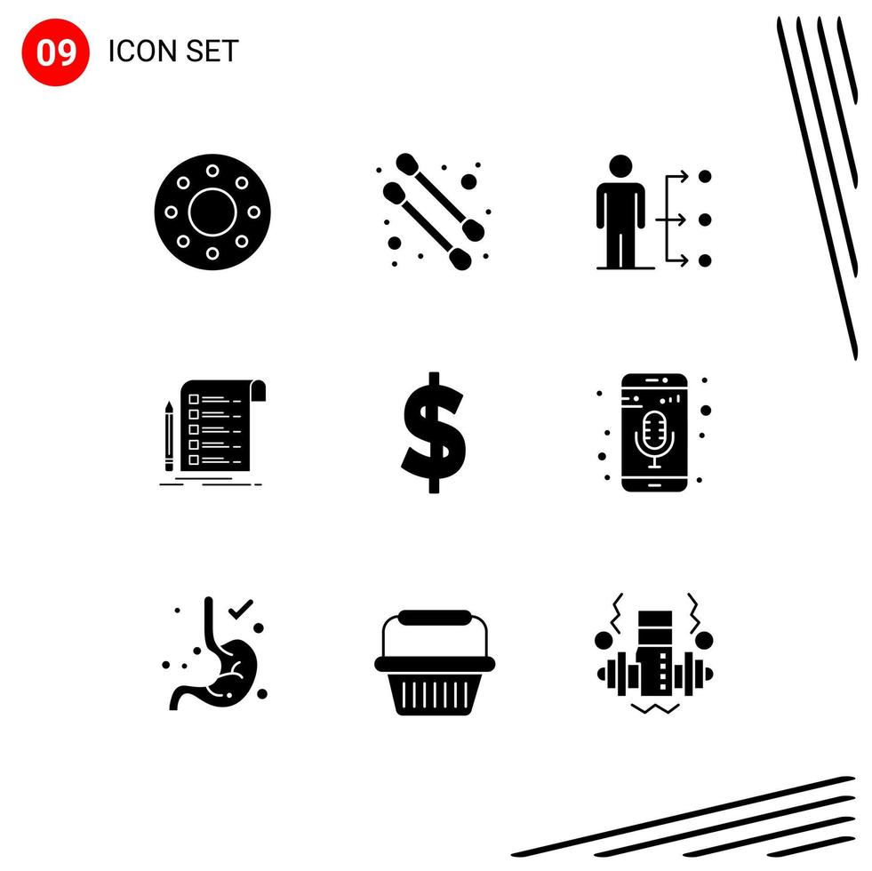 9 Universal Solid Glyphs Set for Web and Mobile Applications money currency user checklist invoice Editable Vector Design Elements