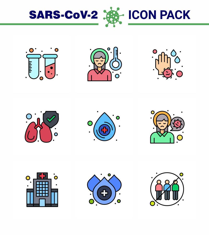 9 Filled Line Flat Color Set of corona virus epidemic icons such as drop clean sickness fever lungs water drop viral coronavirus 2019nov disease Vector Design Elements