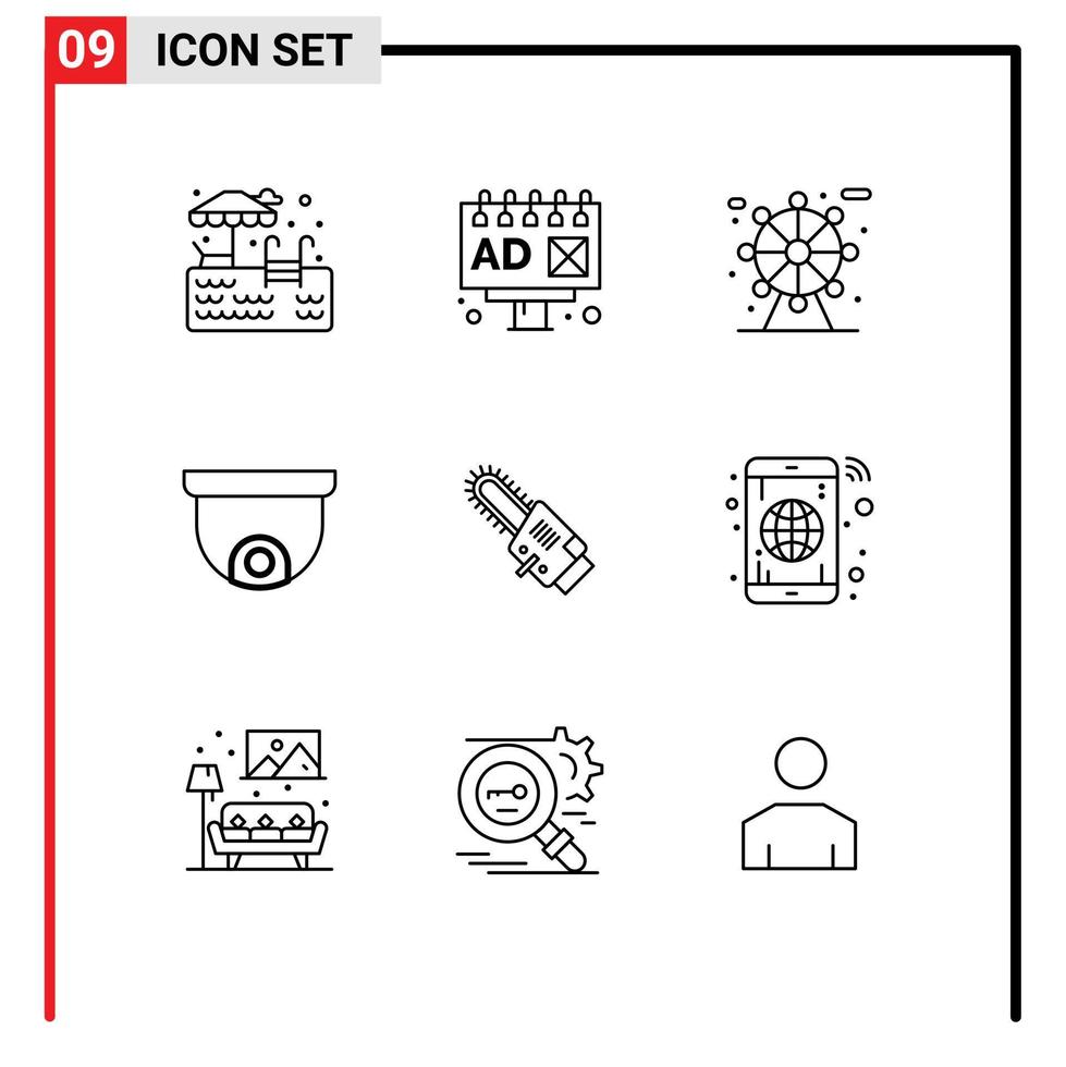 Editable Vector Line Pack of 9 Simple Outlines of globe cordless park blade saw Editable Vector Design Elements