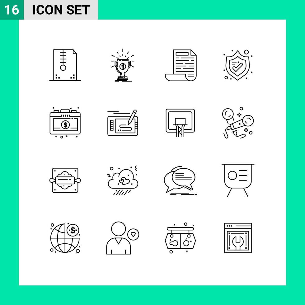 Pack of 16 Modern Outlines Signs and Symbols for Web Print Media such as business shield reward security document Editable Vector Design Elements