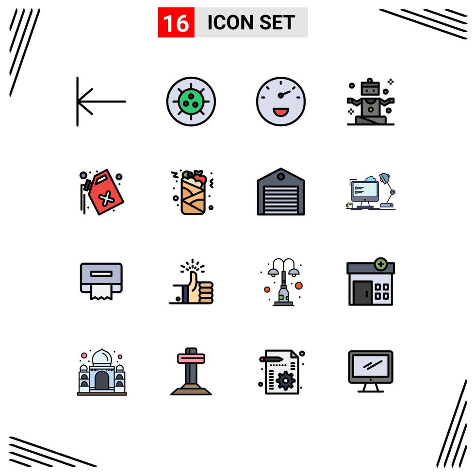 Group of 16 Flat Color Filled Lines Signs and Symbols for can pollution speed gas yoga Editable Creative Vector Design Elements