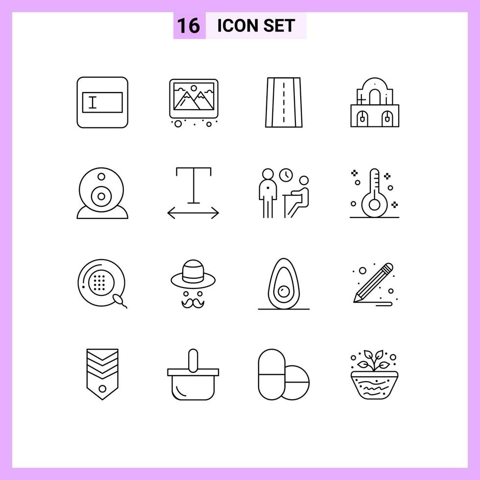 Set of 16 Vector Outlines on Grid for font surveillance road security church Editable Vector Design Elements