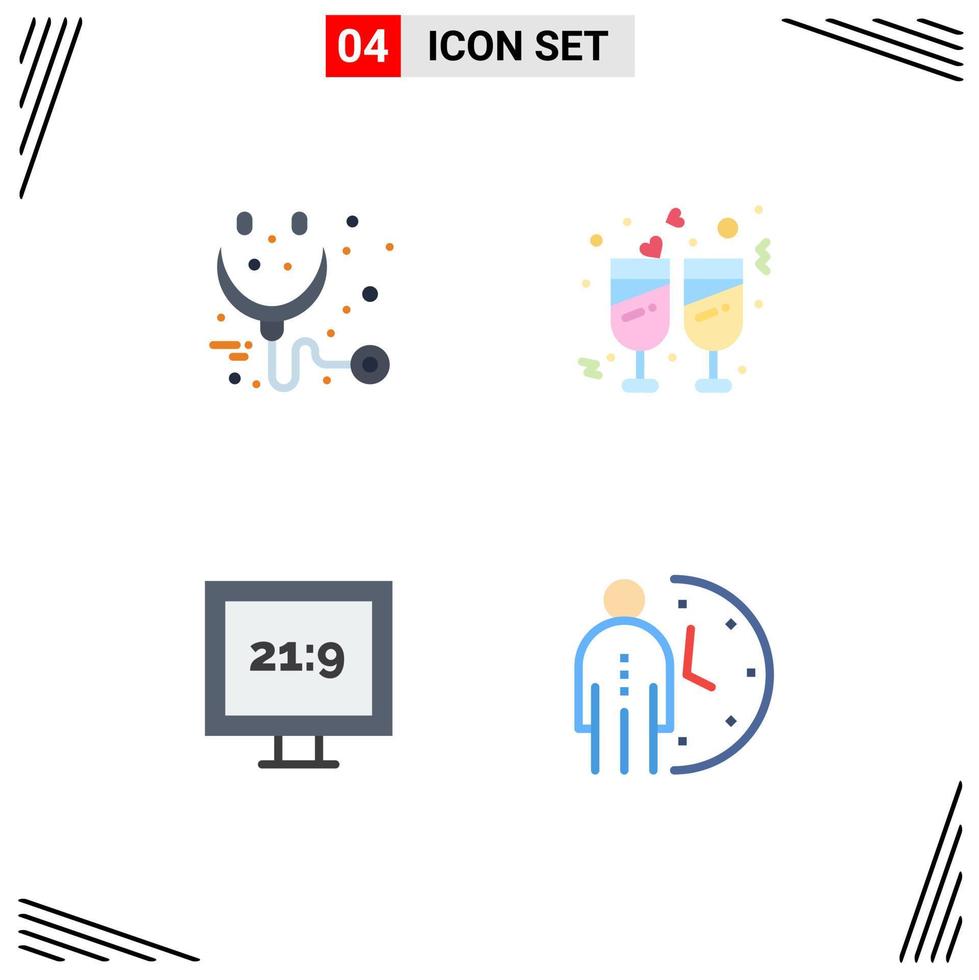 paquete de 4 iconos planos creativos de cuidado hd estetoscopio matrimonio reloj elementos de diseño vectorial editables vector