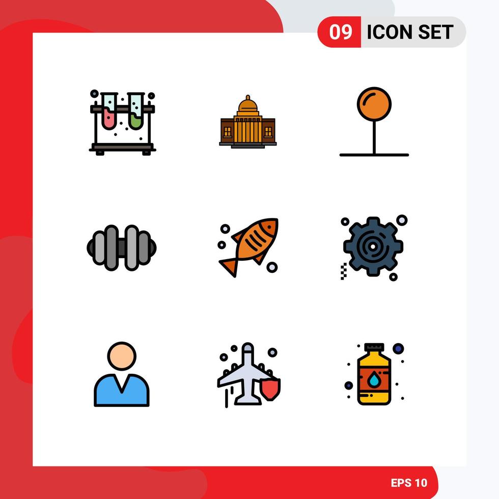 Group of 9 Filledline Flat Colors Signs and Symbols for fish sports architecture dumbbell pin Editable Vector Design Elements