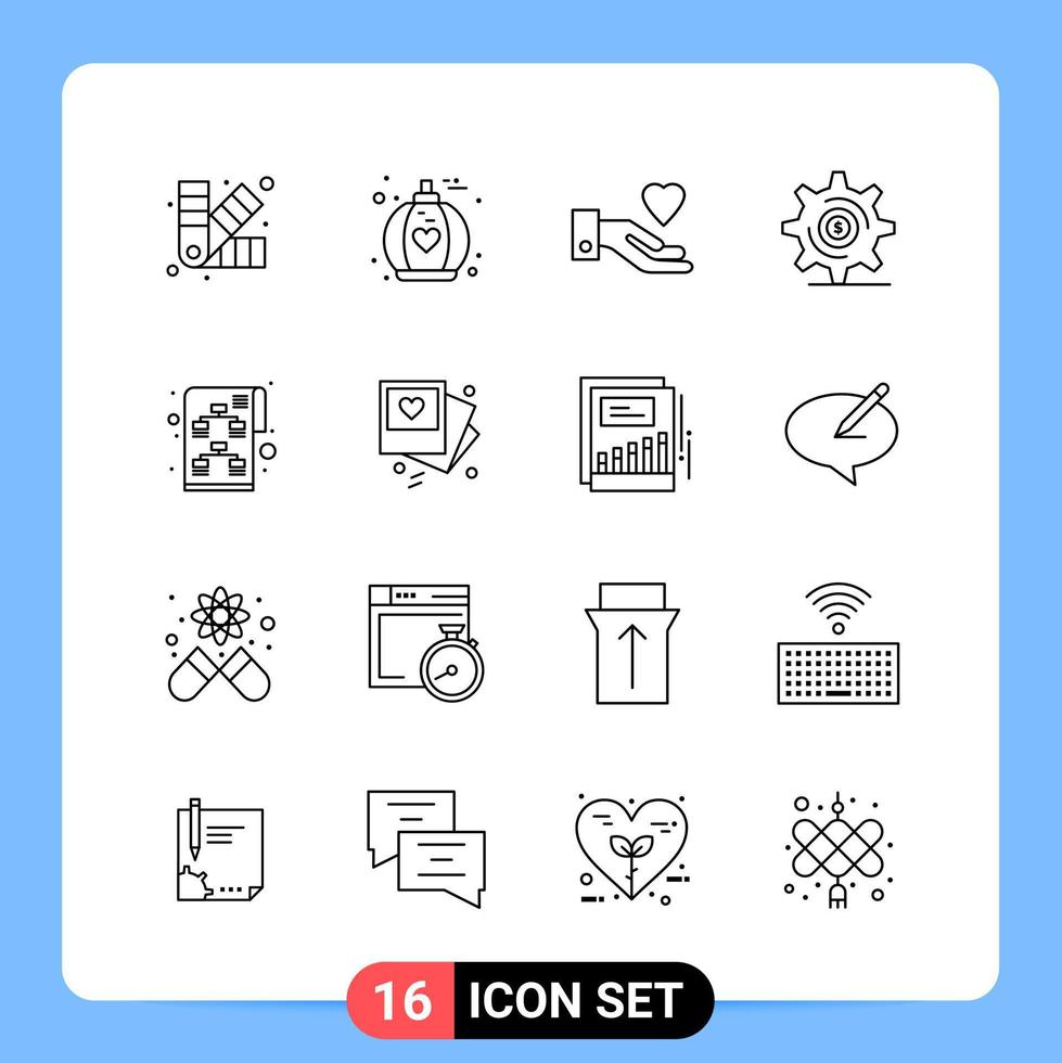 Paquete de iconos negros de 16 líneas símbolos de contorno para aplicaciones móviles aisladas en fondo blanco 16 iconos establecen fondo de vector de icono negro creativo